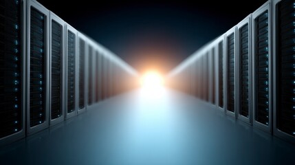 Fototapeta premium Rows of server racks with glowing blue lights receding into a bright luminous tunnel