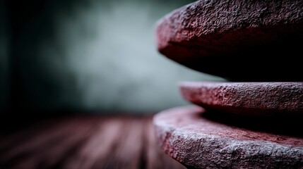 Close up abstract view of stacked rough textured maroon circular objects on a wooden surface