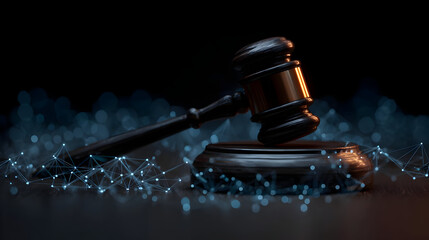 Dark Wooden Gavel on Block with Glowing Network Connections