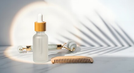 Close-up flat lay mockup of skincare products: a glass serum bottle with bamboo dropper, jade roller, and wooden comb, on a