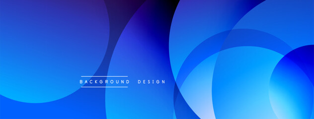 Abstract blue layers create dynamic background. Overlapping circles, smooth gradients, modern design elements present. Minimal text included.