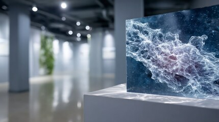 Close up of a nebula artwork displayed in a modern minimalist exhibition hall