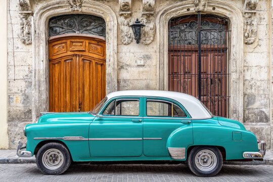 Fototapeta Teal vintage car parked in front of a historic building with arched doorways