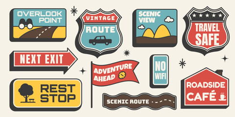 Retro sticker set. Roadside signboards, scenic view, arrows and cafe icons in vintage 1950s style. Travel and trip elements in Mid Century design. Vector illustration