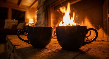 Cozy winter scene with mugs by a roaring fireplace. Perfect for holiday greetings, warm wishes, relaxation themes, or home comfort ads.  Inviting and peaceful ambiance.