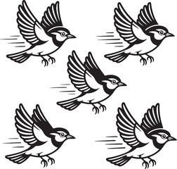 Five Black And White Stylized Drawings Of Small Birds Flying silhouette