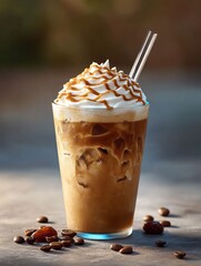 Iced Coffee Drink with Cream and Caramel Drizzle on Table, Outdoors
