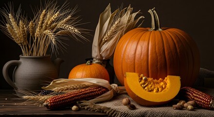 A high-definition still life of a pumpkin placed on burlap cloth, surrounded by wheat stalks and dried corn.