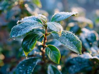 First frost of winter on lush green leaves with sparkling ice crystals and morning dew.