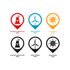 A set of Location pin icons logo energy sources: Nuclear Power Plant, Wind Turbine Area, and Solar Panel Area. Suitable for use in maps, presentations, renewable energy sources and educational