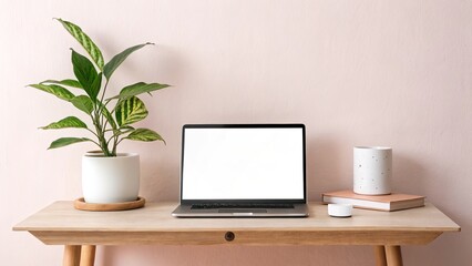 Laptop and plant on desk with pink wall isolated on white background