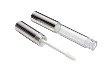 Two chrome-plated tube containers, one open, one closed,  holding a clear lip gloss with applicator