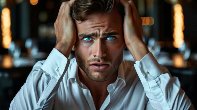 A handsome man with blue eyes, wearing an elegant white shirt alone at the table of dark luxurious restaurant, looking worried while holding both hands on head for stress and gazing straight.