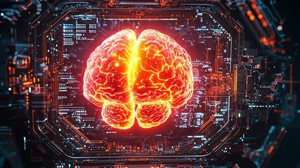 Glowing digital human brain embedded in futuristic cybernetic interface with bright orange blue tones for convergence of mind and technology science innovation advanced digital architecture concept - Powered by Adobe