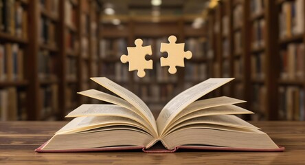 Fototapeta premium Open Book with Puzzle Pieces in Library Setting