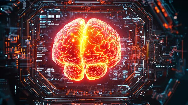 Glowing digital human brain embedded in futuristic cybernetic interface with bright orange blue tones for convergence of mind and technology science innovation advanced digital architecture concept