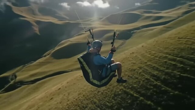Paraglider soars above rolling hills