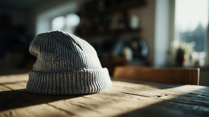 grey knitted beanie mockup on wooden table