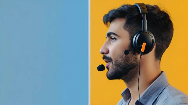 A man wearing a headset talking. Helpdesk call-center service operator.