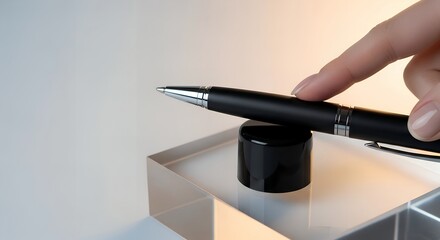 Naklejka premium Close-up mockup of a black pen resting on a clear acrylic block against a bright, minimalist background, showcasing a sleek,
