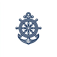 Blue nautical emblem ship's wheel centered above anchor on white background