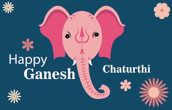 Web Lord Ganesh's pink elephant face with festive text Happy Ganesh Chaturthi on dark blue background and decorative leaf corners Illustrations - Powered by Adobe