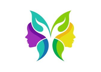Butterfly Logo Design with Colorful Faces and Leaves for Beauty and Nature
