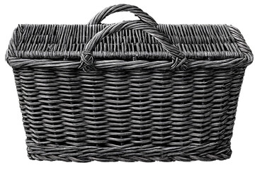   Hand-Drawn Black and White Wicker Basket, Front View, Transparent Background