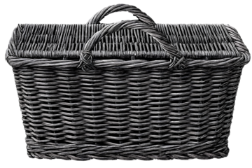  Hand-Drawn Black and White Wicker Basket, Front View, Transparent Background