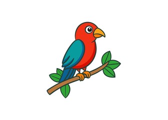 Cartoon Parrot Perched on a Branch with Green Leaves Isolated on White Background