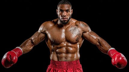 Muscular boxer, intense gaze, strong stance