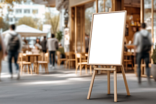 Vertical wooden easel poster mockup with blank frame in outdoor caf&eacute; terrace scene with blurred people and tables for restaurant or seasonal promotion display