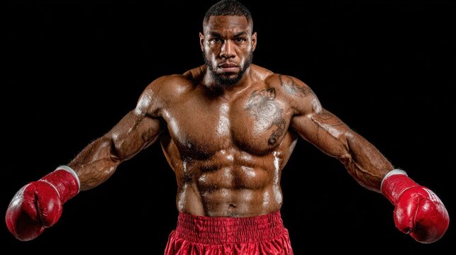 Muscular boxer, intense gaze, strong stance