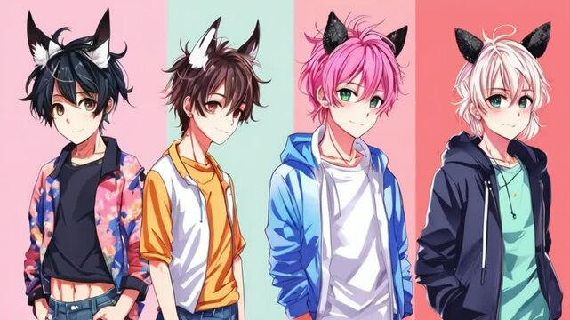 anime boys and girls with animal ears trendy outfits.