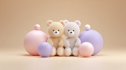 Two teddy bears seated beside colorful spheres.