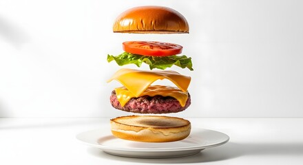Deconstructed Burger Floating Ingredients on White Plate for Food Bloggers