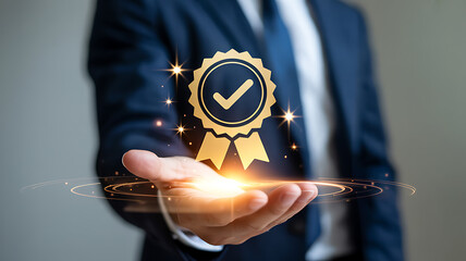 Businessman holding a glowing golden award ribbon with a checkmark symbolizing verified quality and excellence