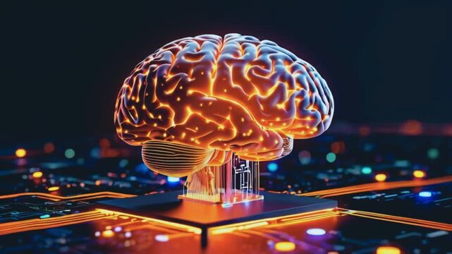 Big data and artificial intelligence concept. Human brain glowing from processor, symbolizing the fusion of human intelligence and machine learning capabilities. Evolution of technology of data..