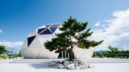 Fototapeta premium Geodesic dome building with solar panels and a single pine tree in front