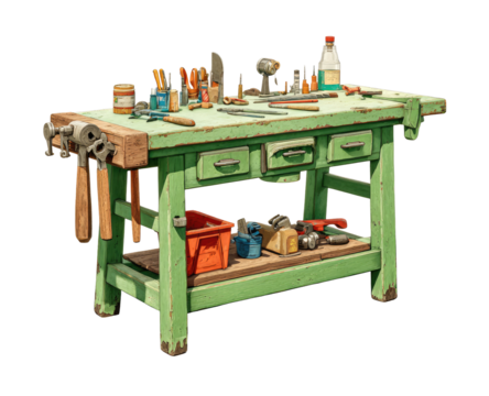 Vintage green workbench, tools scattered