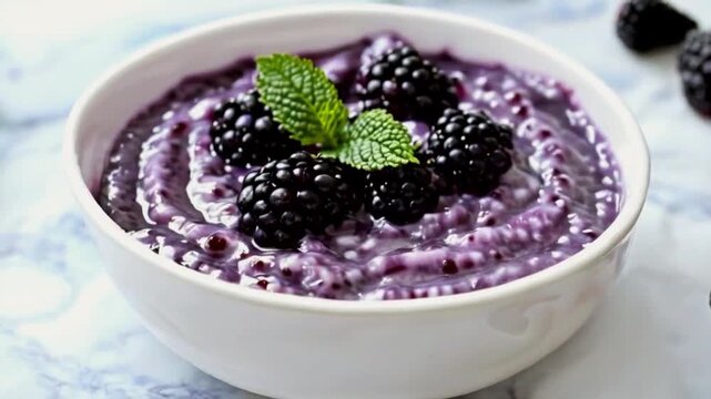 Blackberry tapioca pudding in white bowl.