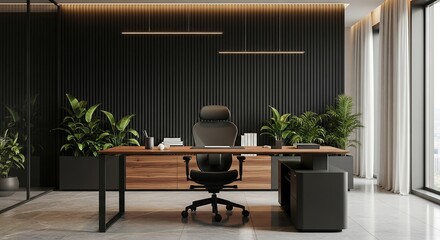 Matte black ergonomic chair with walnut executive desk in luxury modern workspace, ribbed charcoal wall panels and indoor plants with recessed warm lighting for premium architectural interior photogra