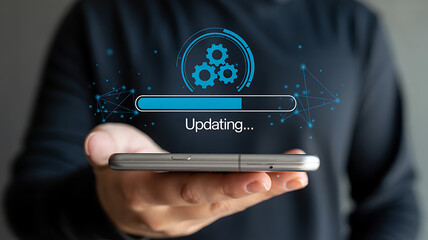 Close up of a person holding a smartphone displaying a digital loading bar and gears icon indicating an update