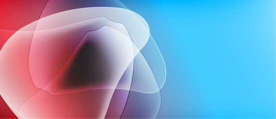 Abstract shapes blend red, white, blue hues. Smooth gradients create soft visual flow. Minimalist design evokes calm feeling.