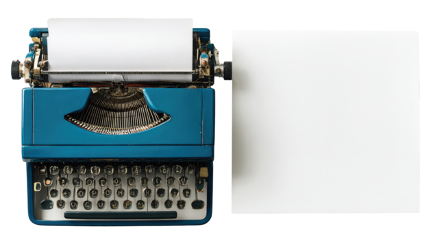 Vintage blue typewriter with blank paper (1)