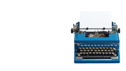 Vintage blue typewriter with blank paper