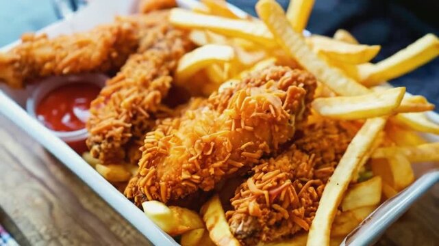 Chicken tenders with fries and ketchup.