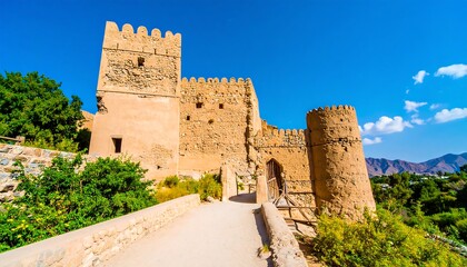 A sunlit stone fortress with a pathway leading to its entrance, nestled against a mountain backdrop