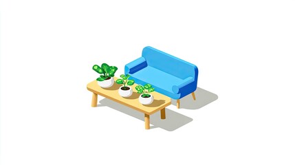Fototapeta premium Blue couch and coffee table with houseplants in an isometric view.