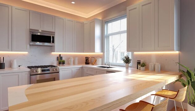 Modern White Kitchen with Wooden Barstools and Soft Lighting